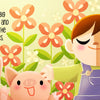A smiling child, eyes closed, stands with two happy pigs among large pink flowers and green stems. Text reads: “Take a big breath in and smell the flowers.” "Huff and Puff" is a cheerful board book from Schiffer Publishing, Ltd. encouraging mindful breathing.