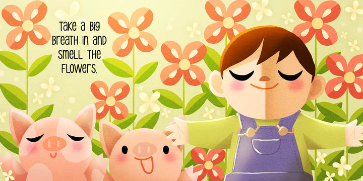 A smiling child, eyes closed, stands with two happy pigs among large pink flowers and green stems. Text reads: “Take a big breath in and smell the flowers.” "Huff and Puff" is a cheerful board book from Schiffer Publishing, Ltd. encouraging mindful breathing.