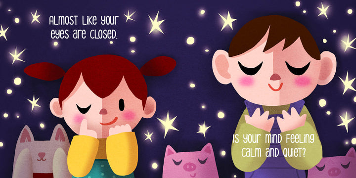 Two children with closed eyes smile as they rest among sleeping animals and glowing stars. "Huff and Puff" by Schiffer Publishing, Ltd. is a gentle board book that guides mindful breathing and asks, “Is your mind feeling calm and quiet?”.