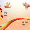 A red-haired girl runs with birds on a rainbow in “Huff and Puff” by Schiffer Publishing, Ltd. The text, “Because when things get rough, first huff... and then puff...” encourages mindful breathing in this soft-sparkled board book.