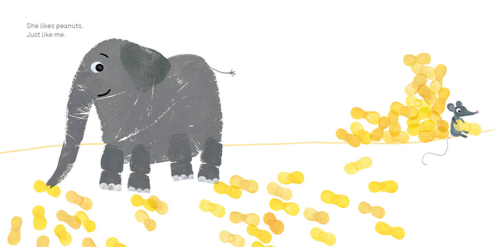 In Lili's Just Like Me! from Schiffer Publishing, Ltd., a grey elephant and a small mouse are surrounded by yellow peanuts, with the mouse holding some. The text says, “She likes peanuts. Just like me.”.