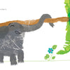 In Lili's Just Like Me! by Schiffer Publishing, Ltd., an elephant lifts a palm frond with her trunk while a gray mouse balances a banana on its head. Green leaves, blue flowers, and two yellow insects complete this cheerful board book scene.