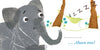 In Schiffer Publishing, Ltd.'s Lili's Just Like Me!, a surprised gray elephant looks on as an animal sleeps in a hammock between two trees with Zzzz overhead and blue flowers below. Text: But she snores much louder . . . than me! Early-concept, fingerprint art adds charm.