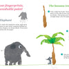 Lili's Just Like Me! by Schiffer Publishing, Ltd. features a children’s art activity page with fingerprint illustrations, showing how to make an elephant and a banana tree using paint and crayons through fun, easy steps.