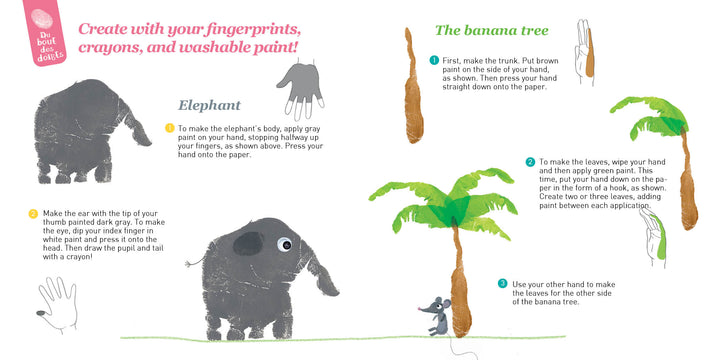Lili's Just Like Me! by Schiffer Publishing, Ltd. features a children’s art activity page with fingerprint illustrations, showing how to make an elephant and a banana tree using paint and crayons through fun, easy steps.