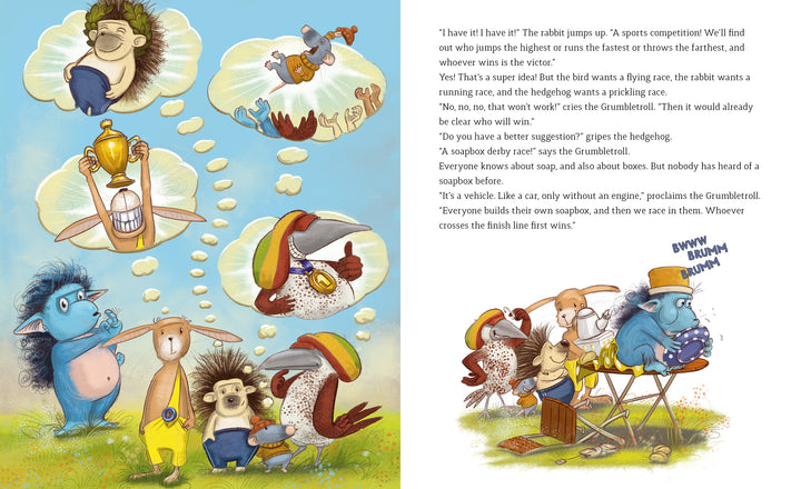 In "The Grumbletroll . . . Wants to Be First!" from Schiffer Publishing, illustrated animals like a rabbit and hedgehog celebrate trophies and medals as the story highlights playful sportsmanship and friendly competition.