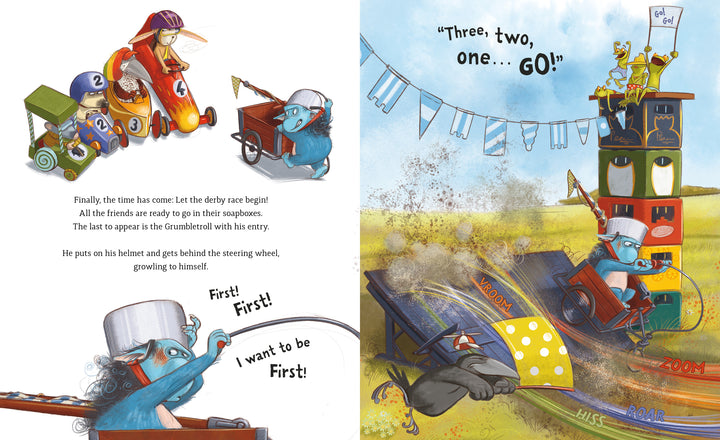 In "The Grumbletroll . . . Wants to Be First!" by Schiffer Publishing, Ltd., animals in soapbox cars race as the Grumbletroll speeds ahead, splashing mud, while excited animals cheer and banners celebrate racing and sportsmanship.