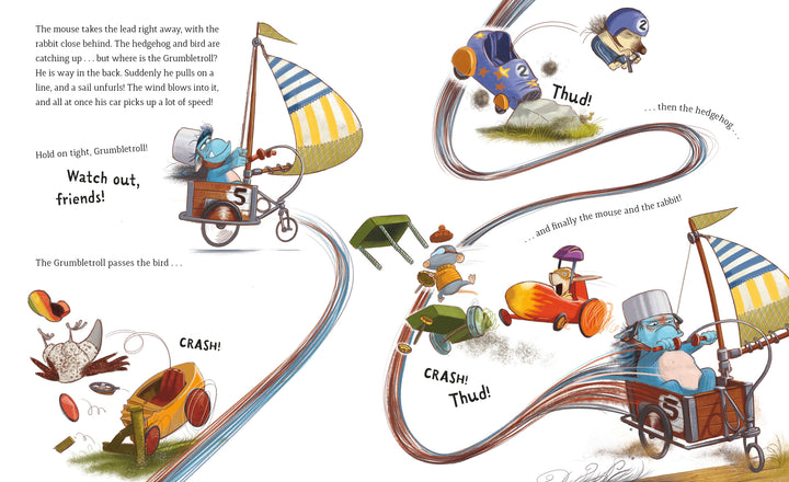 In *The Grumbletroll . . . Wants to Be First!* by Schiffer Publishing, Ltd., a blue mouse in a striped cart races ahead while other animals crash behind him, capturing action, speed, comic mishaps, and hints of sportsmanship.