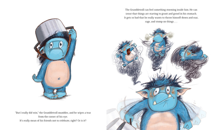 On the left, a sad blue Grumbletroll from Schiffer Publishing’s "The Grumbletroll . . . Wants to Be First!" stands alone. On the right, the same character looks angry and upset, surrounded by scribbles and stormy effects.