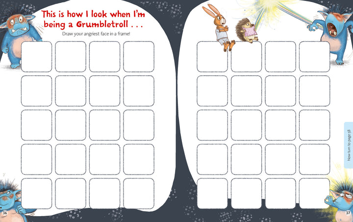 A page from Schiffer Publishing, Ltd.'s The Grumbletroll Meet My Friends Activity Book features blank square frames for drawing faces, plus cartoon pals like a blue troll, rabbit, and hedgehog. Perfect for building kids' social skills!.