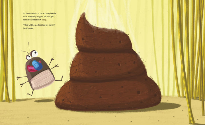 An excited cartoon dung beetle stands by a giant swirl of poop in a yellow savanna—ideal for "The King of Poop" picture book by Schiffer Publishing, Ltd., perfect for stories about happiness, discovery, and animal ecosystems.