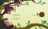 Four monkeys lounge on a tree branch, laughing and pointing at a dung beetle pushing a poop ball below. Surrounded by banana peels and leaves, this scene from "The King of Poop" by Schiffer Publishing, Ltd. unfolds with text on the left side.