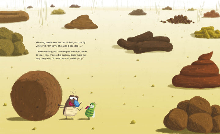 In "The King of Poop" by Schiffer Publishing, Ltd., a cheerful dung beetle and a green fly explore a poop-filled field beneath a yellow sky in this delightful animal ecosystem tale for kids.