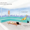 Wearing Tim's Hat by Schiffer Publishing, Ltd., a yellow rabbit lounges on a teal sofa amid work gadgets in a bright city apartment, wishing for a simpler life. Inspired by the Hare and Bear series, he says, “I need a break!”.