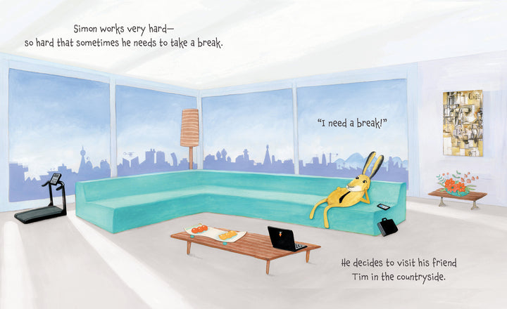 Wearing Tim's Hat by Schiffer Publishing, Ltd., a yellow rabbit lounges on a teal sofa amid work gadgets in a bright city apartment, wishing for a simpler life. Inspired by the Hare and Bear series, he says, “I need a break!”.