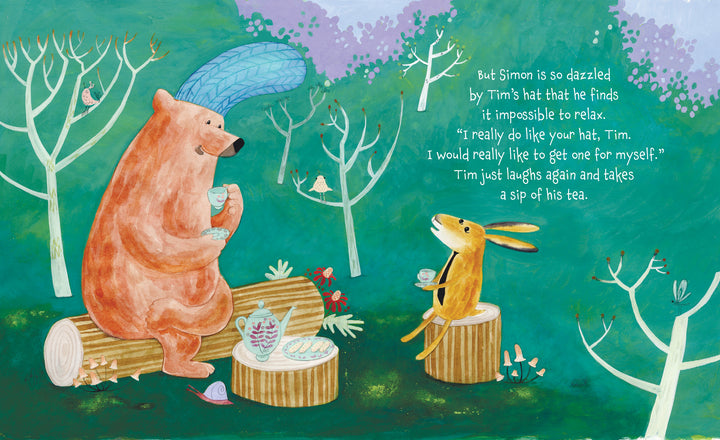 In "Tim's Hat" by Schiffer Publishing, Ltd., a brown bear and yellow rabbit enjoy tea on forest logs with plates of treats nearby, while white birds perch close. This cozy scene evokes a charming, device-free lifestyle.