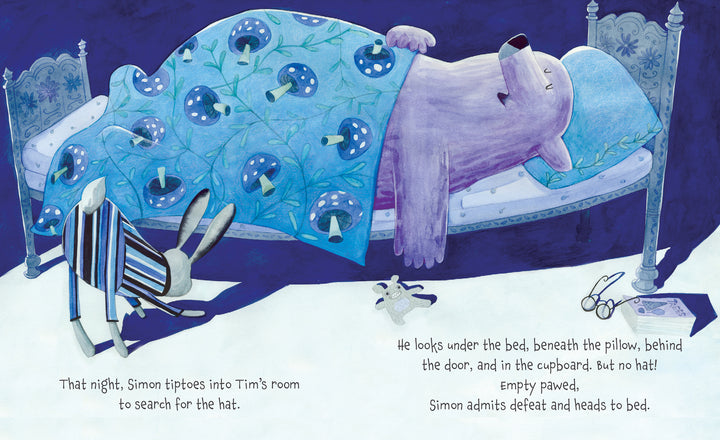 A rabbit in pajamas tiptoes past a bed where a bear sleeps with "Tim's Hat" by Schiffer Publishing, Ltd. nearby; the cozy room—with book, slippers, and glasses—evokes a sweet, device-free lifestyle.