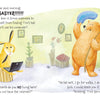In Tim's Hat by Schiffer Publishing, Ltd., a worried rabbit uses a laptop while a smiling bear with blue knitting needles and yarn stands nearby in their art- and plant-filled room, chatting about device-free living.