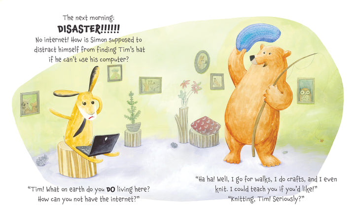 In Tim's Hat by Schiffer Publishing, Ltd., a worried rabbit uses a laptop while a smiling bear with blue knitting needles and yarn stands nearby in their art- and plant-filled room, chatting about device-free living.