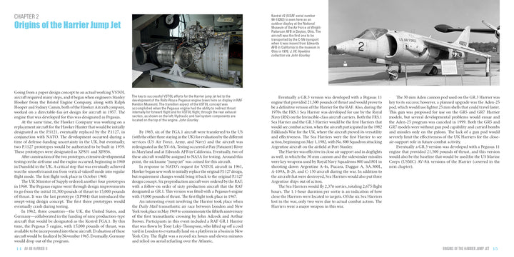 A spread in Schiffer Publishing, Ltd.’s AV-8B Harrier II book presents a large jet engine photo, a smaller image of the AV-8B Harrier II, and three text columns about the VSTOL aircraft’s development history.
