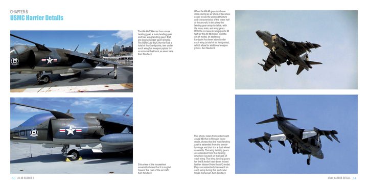 Four photos of the AV-8B Harrier II, published by Schiffer Publishing, Ltd.: close-ups of cockpit and markings on the ground and aerial shots showing its VSTOL flight and landing. Text about aircraft features surrounds the images.