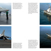 A two-page spread in Schiffer Publishing, Ltd.'s AV-8B Harrier II shows two jets on a carrier deck and two aerial views of US Marine Corps carriers at sea, with naval personnel and clear blue skies.