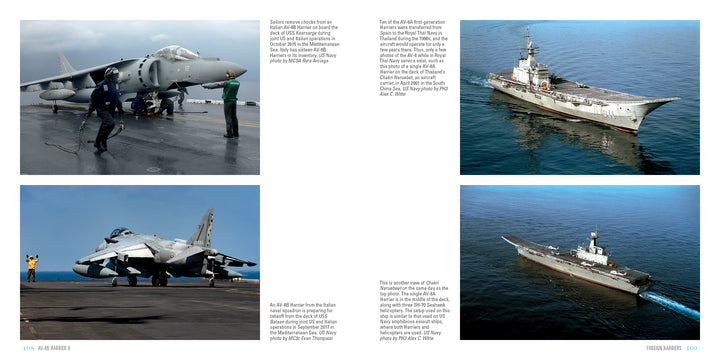 A two-page spread in Schiffer Publishing, Ltd.'s AV-8B Harrier II shows two jets on a carrier deck and two aerial views of US Marine Corps carriers at sea, with naval personnel and clear blue skies.