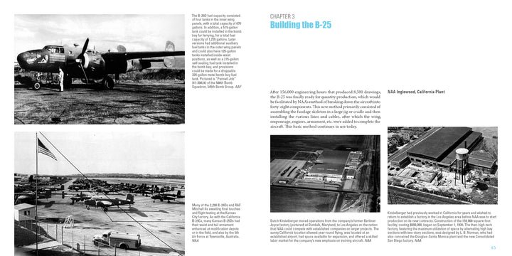B-25 Mitchell, Vol. 1 by Schiffer Publishing, Ltd. showcases a two-page spread of historical black-and-white photos and text detailing the photographic history of building the B-25 at the Inglewood, California plant.