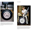 Four images from Schiffer Publishing's "B-25 Mitchell, Vol. 1" show close-ups of aircraft landing gear and tires, including a B-25 Mitchell bomber and a technician in white working on a landing gear assembly near stacked tires.