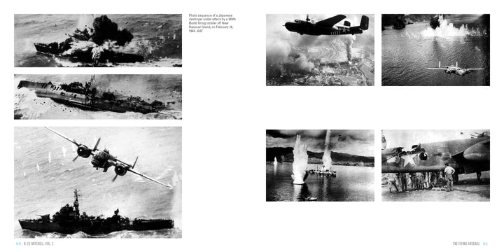 A series of black-and-white WWII photos in "B-25 Mitchell, Vol. 2" by Schiffer Publishing, Ltd. captures Japanese dive-bombers and a B-25 Mitchell attacking Allied ships amid explosions and intense aerial combat.