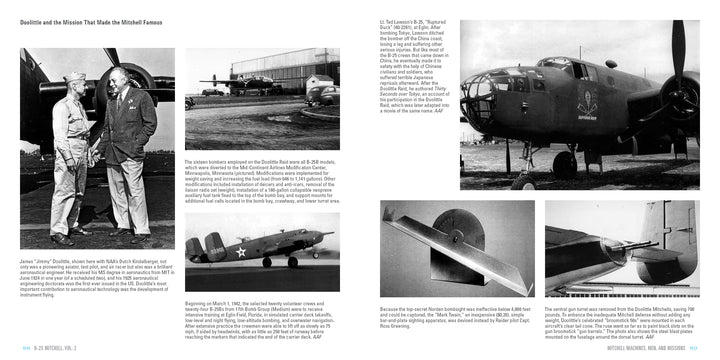 B-25 Mitchell, Vol. 2 by Schiffer Publishing, Ltd. features WWII black-and-white photos of B-25 bombers—including airmen, missions like the Doolittle Raid, a bomb sight, and the "Ruptured Duck" aircraft—with detailed captions.