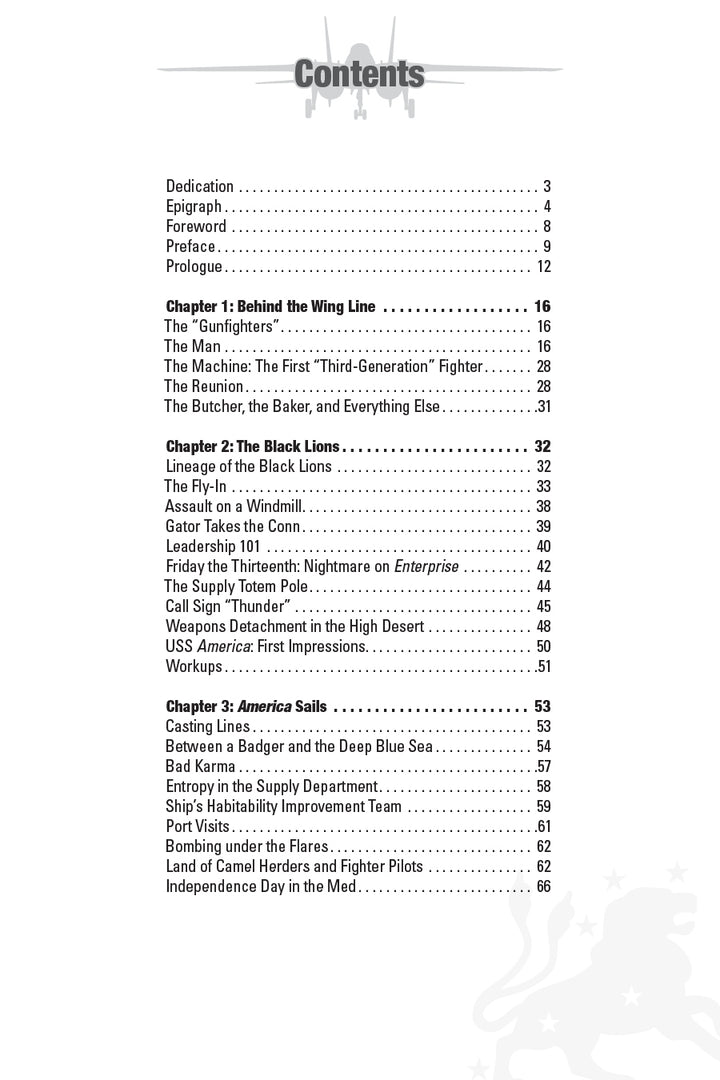 Table of contents page from "Black Lion One" by Schiffer Publishing, Ltd., featuring chapter titles and page numbers alongside faint illustrations of a lion, airplane, and star, hinting at the adventures of a US Navy F-14 Tomcat pilot.