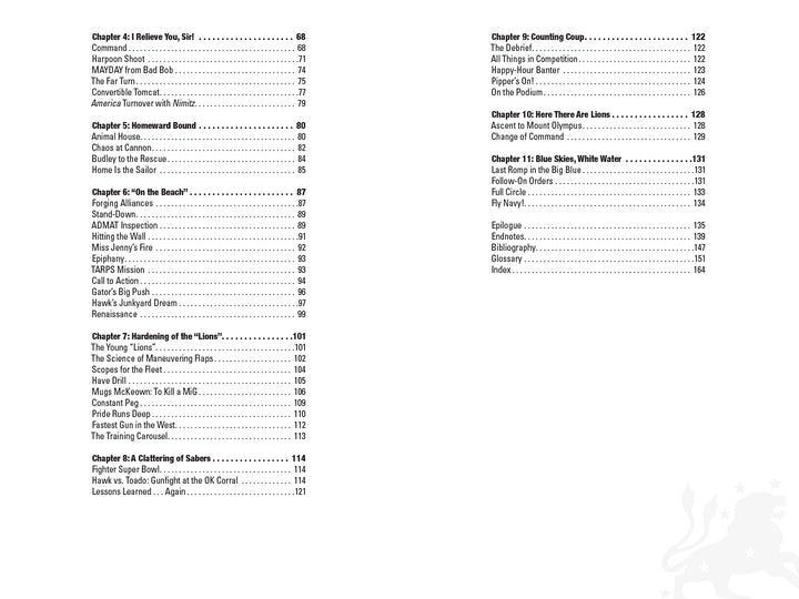 Table of contents pages from "Black Lion One" by Schiffer Publishing, Ltd., displaying chapter titles like “It’ll Believe You, Sir!”—stories from a US Navy fighter pilot. A lion graphic appears at the bottom right. Page numbers are also shown.