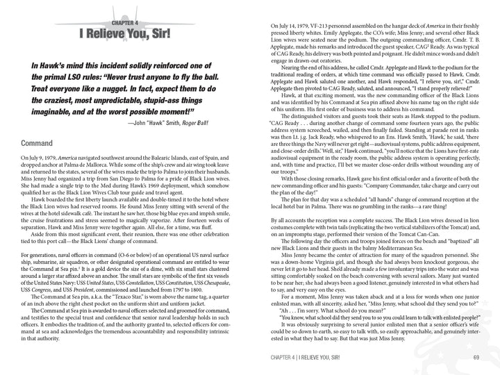 A two-page spread from Black Lion One by Schiffer Publishing, Ltd. titled I RELIEVE YOU, SIR! features a trust and leadership quote by John Hawk Smith with text on US Navy fighter pilot life and F-14 Tomcat squadron command in carrier aviation.