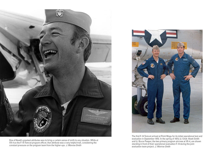 Left: A smiling US Navy pilot stands by an aircraft. Right: Two men in F-14 Tomcat flight suits pose before a plane. Black-and-white and color photos from "Black Lion One" by Schiffer Publishing, Ltd. are featured side by side.