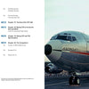 A Boeing 707 model by Schiffer Publishing, Ltd. is shown parked on the tarmac under a cloudy sky, featuring visible nose, front landing gear, and American Airlines branding on the fuselage.