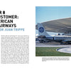 A vintage Boeing 707 model from Schiffer Publishing, Ltd. is showcased at an airport gate under a curved terminal roof, surrounded by passengers and crew near the jet with its classic blue globe logo.