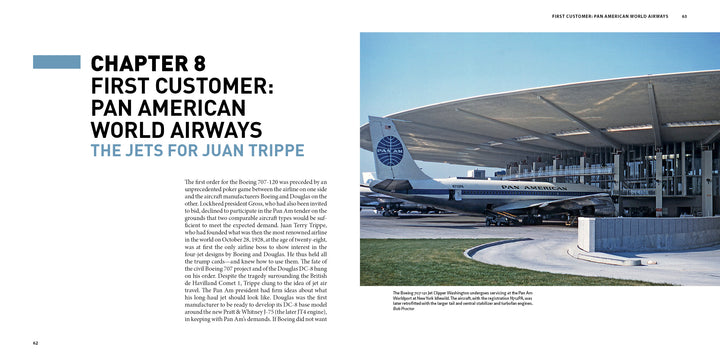 A vintage Boeing 707 model from Schiffer Publishing, Ltd. is showcased at an airport gate under a curved terminal roof, surrounded by passengers and crew near the jet with its classic blue globe logo.
