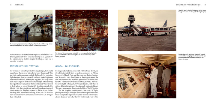 Four photos in the Schiffer Publishing, Ltd. Boeing 757 book show passengers boarding, an assembly line, the plane parked by a bus, and a cockpit inspection during a demo tour of this fuel-efficient aircraft.