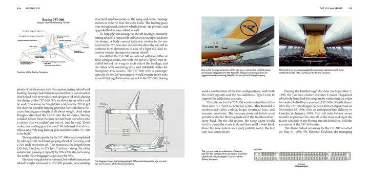 A two-page spread from Schiffer Publishing, Ltd. showcases the Boeing 757 with text, diagrams, annotated side views, a seating chart, and color photos highlighting the aircraft and its cargo hold.