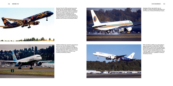 Four Boeing 757 planes by Schiffer Publishing, Ltd. are shown taking off or landing, each in distinct airline livery with backgrounds featuring airfields, trees, or airport buildings.