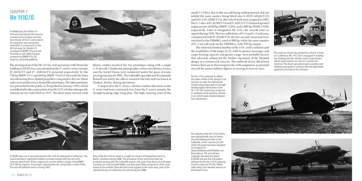 A two-page book spread from Schiffer Publishing, Ltd.'s "Heinkel He 111" features text on the Luftwaffe bomber and six black-and-white WWII aircraft photos on airfields and in flight, showing side, top, and angled views.