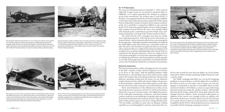 A two-page spread from Schiffer Publishing, Ltd.’s "Heinkel He 111" shows WWII-era black-and-white photos of He 111 bombers with captions; the right page offers detailed insights on their operations and defensive limitations.