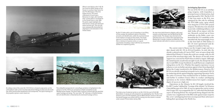 A two-page spread on the Heinkel He 111 from Schiffer Publishing, Ltd. showcases black-and-white photos of the WWII Luftwaffe bomber in flight and on the ground, accompanied by descriptive text and historical context.
