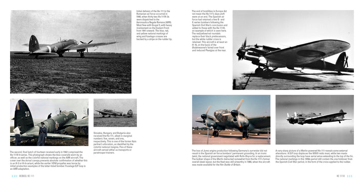 A two-page book spread from Schiffer Publishing, Ltd.'s "Heinkel He 111" features black-and-white and color photos of the WWII aircraft, with captions and historical text on its development and use.