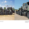 Two large military tank transporters, the M911 and M1070 HET by Schiffer Publishing, Ltd., are shown outdoors with camouflage paint, angular cabs, and multiple large tires designed for hauling heavy loads.