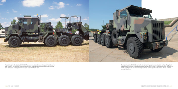 Two large military tank transporters, the M911 and M1070 HET by Schiffer Publishing, Ltd., are shown outdoors with camouflage paint, angular cabs, and multiple large tires designed for hauling heavy loads.