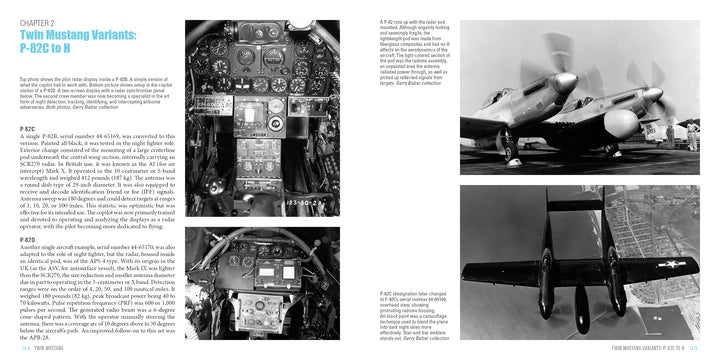 A magazine spread from Schiffer Publishing, Ltd.'s Twin Mustang showcases cockpit photos, technical details, and two black-and-white images of the F-82 night fighter—a side view on the runway and an overhead shot in flight.