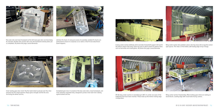 A step-by-step collage shows a Spitfire tail unit restoration in a hangar with labeled parts and tools—mirroring night fighter restorations such as those of the Twin Mustang by Schiffer Publishing, Ltd.