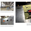 Four images display exterior and interior views of the Twin Mustang from Schiffer Publishing, Ltd., showing its cockpit, fuselage, tail, and an open panel with components such as a red fire extinguisher, all viewed inside a hangar.